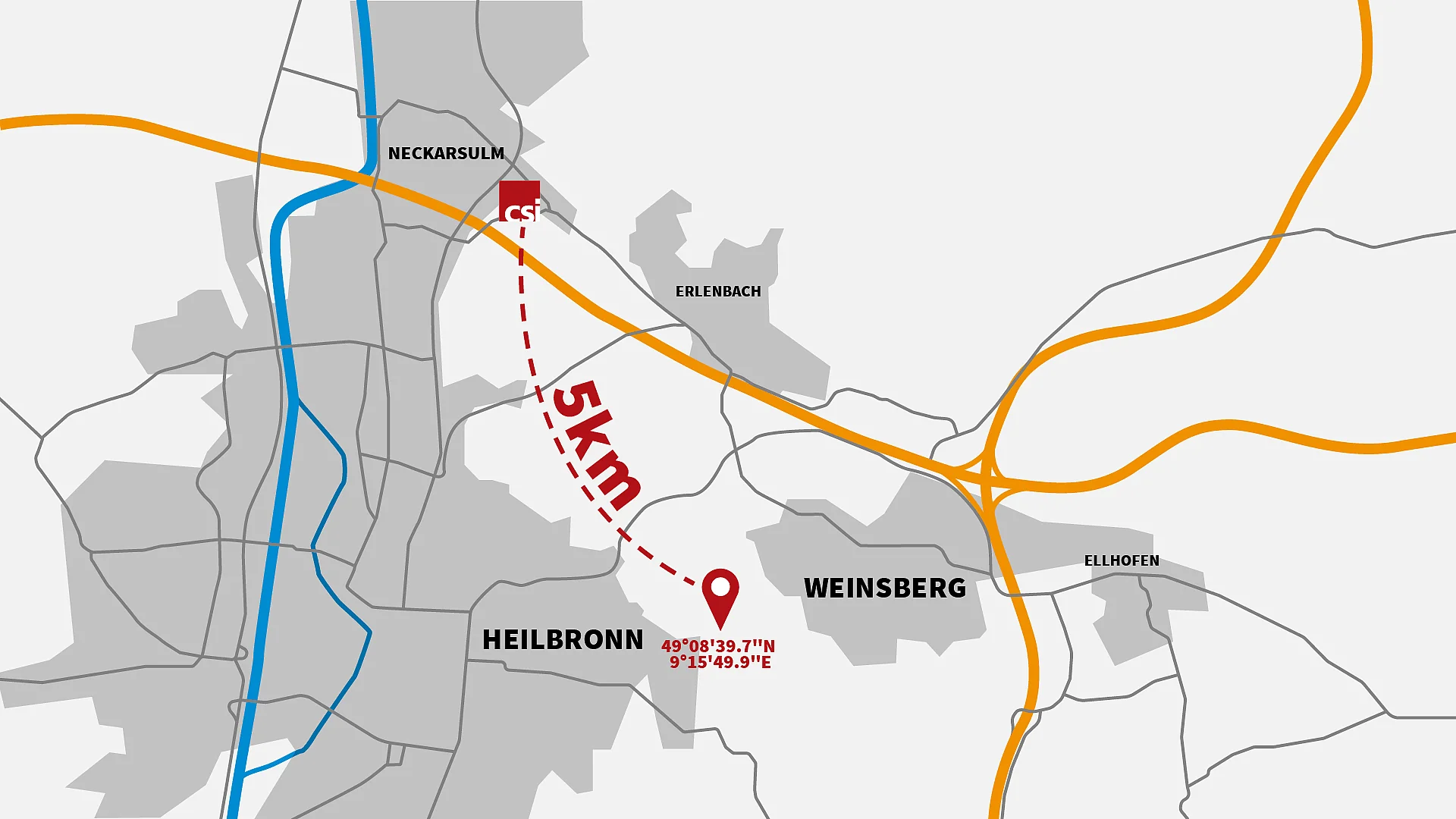 Die Projektfläche befindet sich 5 km entfernt vom csi-Standort in Neckarsulm Die Projektfläche befindet sich 5 km entfernt vom csi-Standort in Neckaruslm